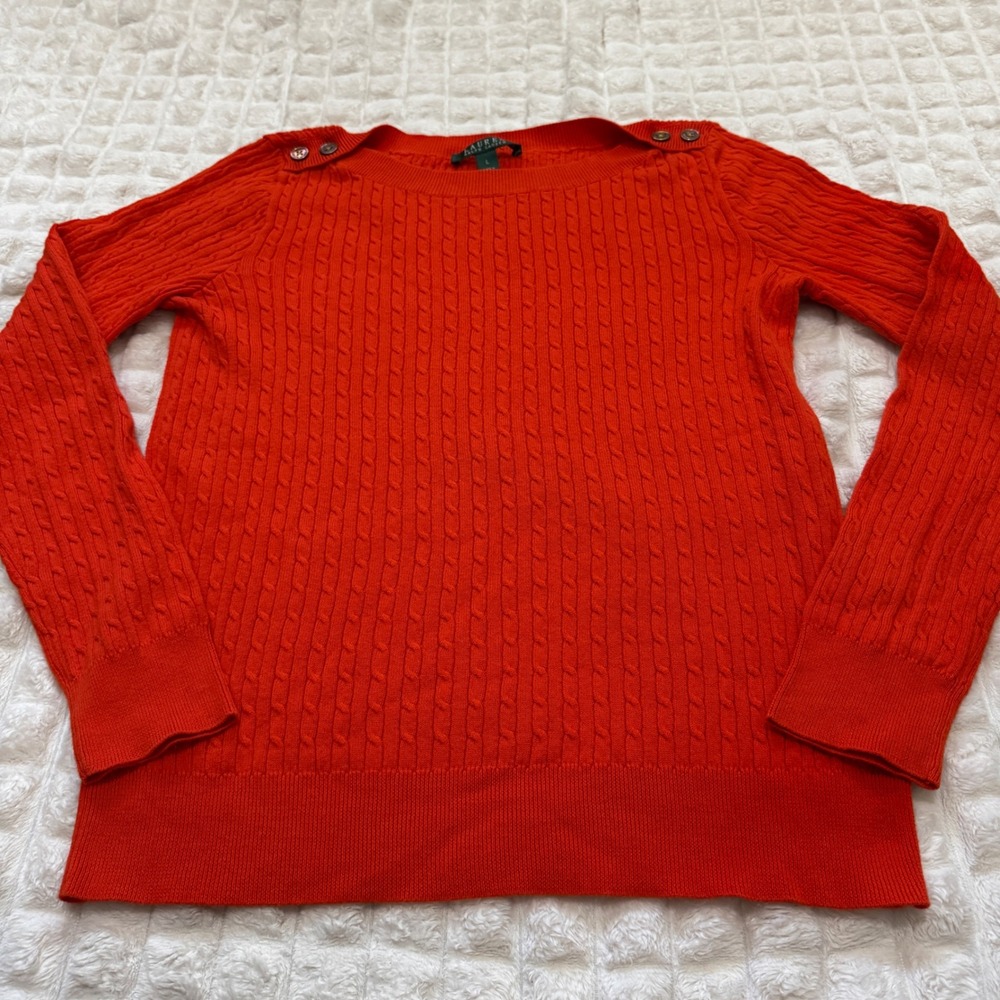 Lauren Ralph Lauren Large Orange Cable Knit Long Sleeve Top w/ Button Shoulders